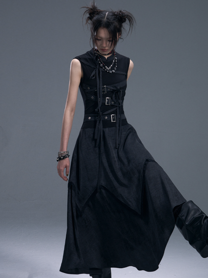 Punk Chinese Tie Irregular Hem Sleeveless Maxi Dress【s0000011879】