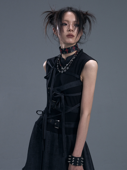 Punk Chinese Tie Irregular Hem Sleeveless Maxi Dress【s0000011879】