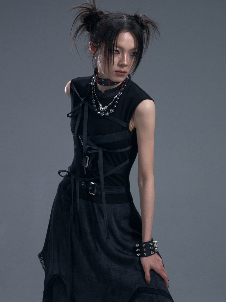 Punk Chinese Tie Irregular Hem Sleeveless Maxi Dress【s0000011879】