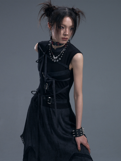 Punk Chinese Tie Irregular Hem Sleeveless Maxi Dress【s0000011879】