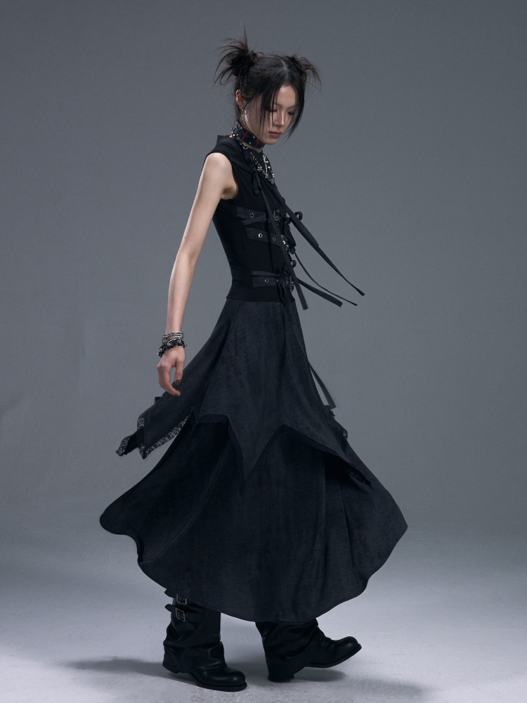Punk Chinese Tie Irregular Hem Sleeveless Maxi Dress【s0000011879】
