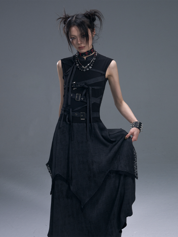 Punk Chinese Tie Irregular Hem Sleeveless Maxi Dress【s0000011879】