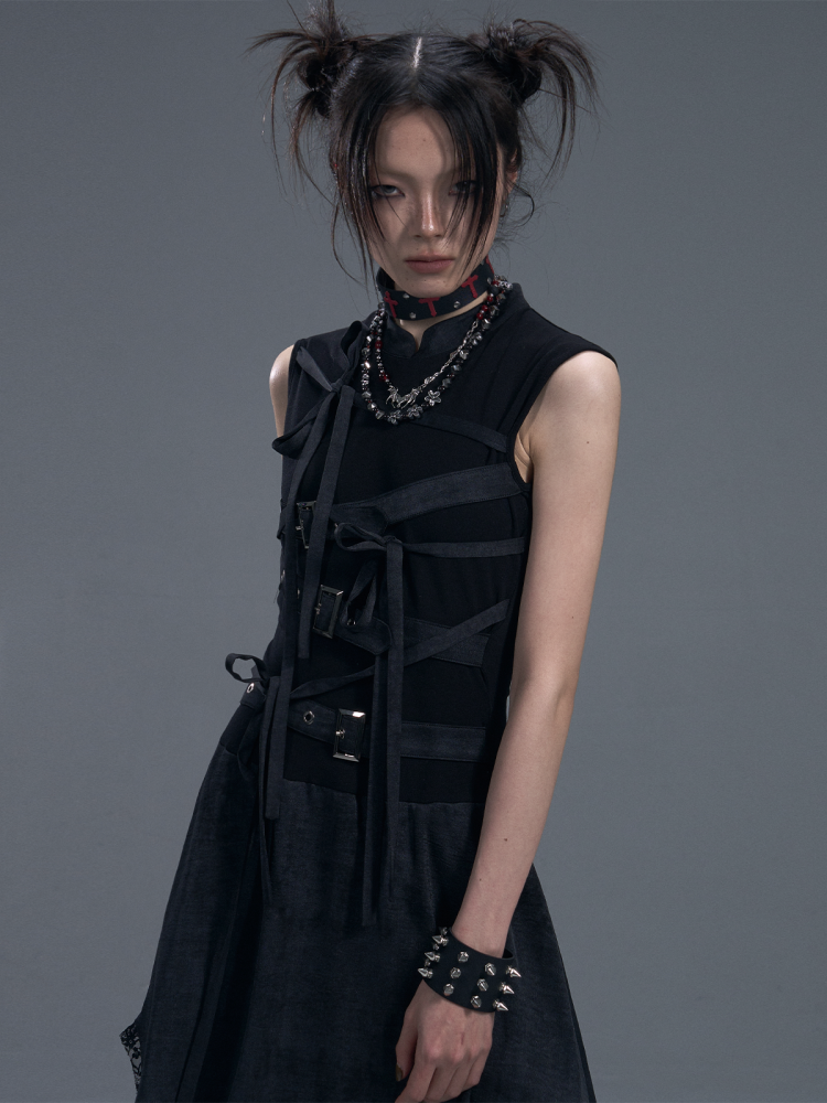 Punk Chinese Tie Irregular Hem Sleeveless Maxi Dress【s0000011879】
