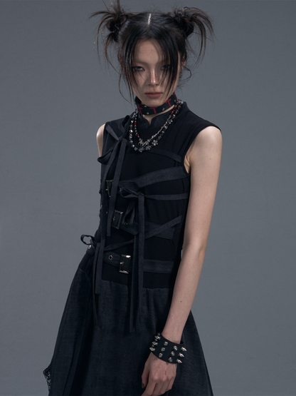 Punk Chinese Tie Irregular Hem Sleeveless Maxi Dress【s0000011879】