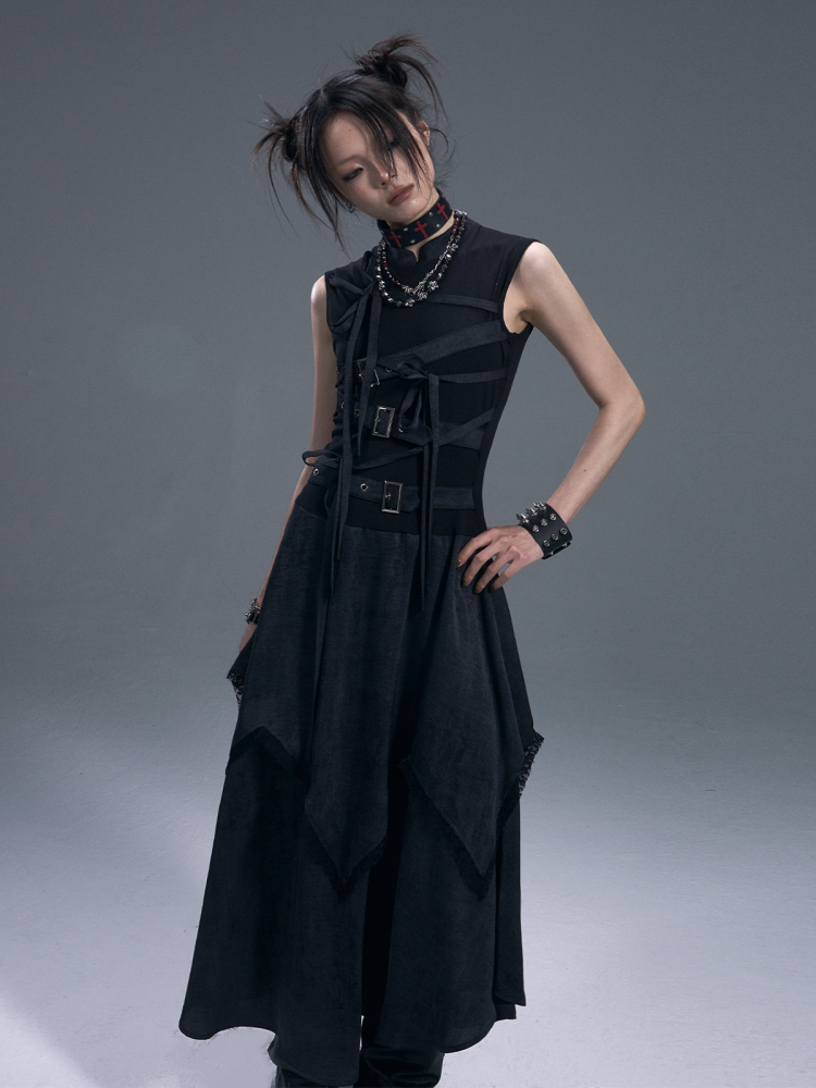 Punk Chinese Tie Irregular Hem Sleeveless Maxi Dress【s0000011879】