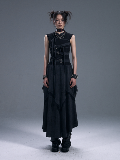 Punk Chinese Tie Irregular Hem Sleeveless Maxi Dress【s0000011879】