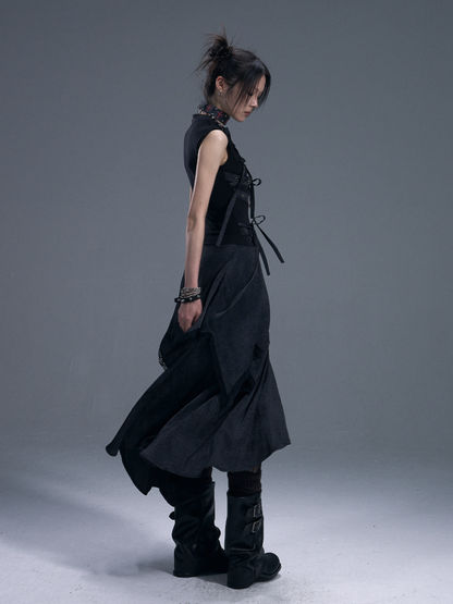 Punk Chinese Tie Irregular Hem Sleeveless Maxi Dress【s0000011879】
