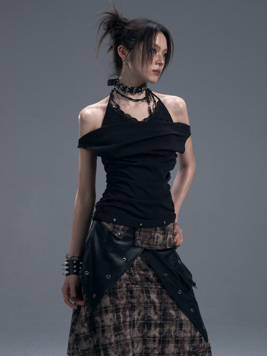 Punk Halter Neck Shirred Cinched Waist Fake Two Piece Knitted Tops【s0000011881】