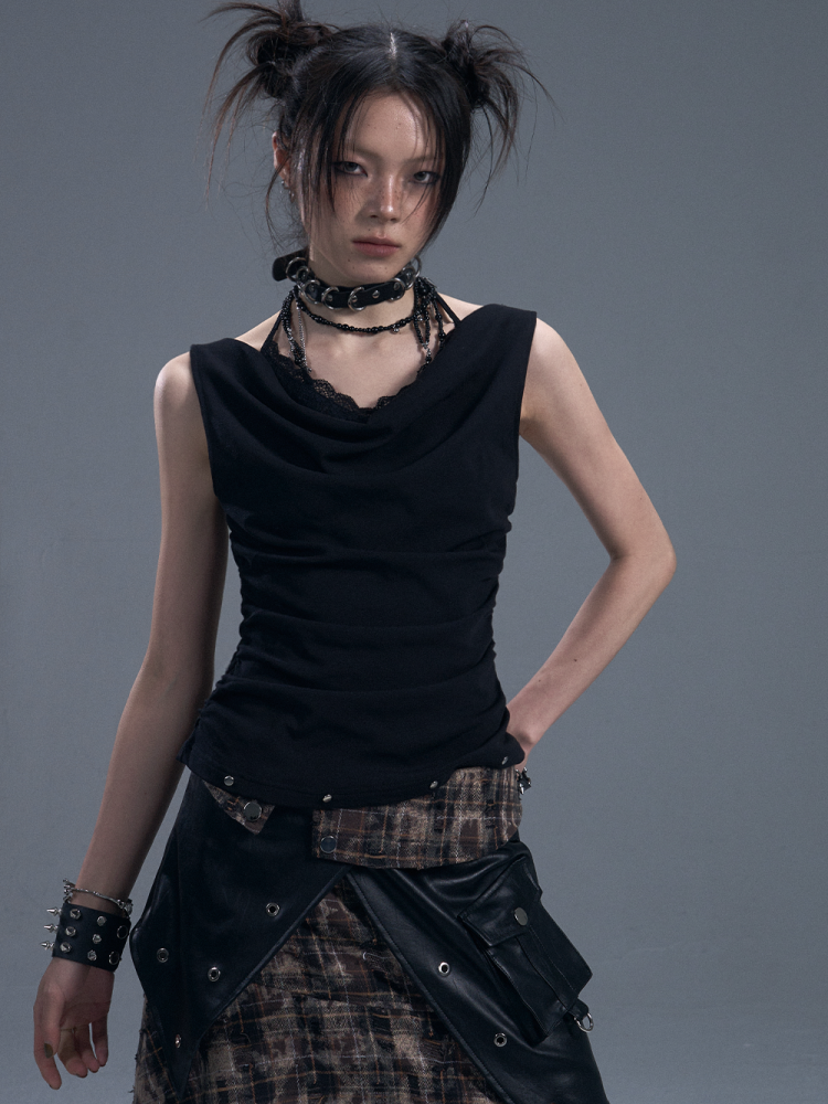 Punk Halter Neck Shirred Cinched Waist Fake Two Piece Knitted Tops【s0000011881】