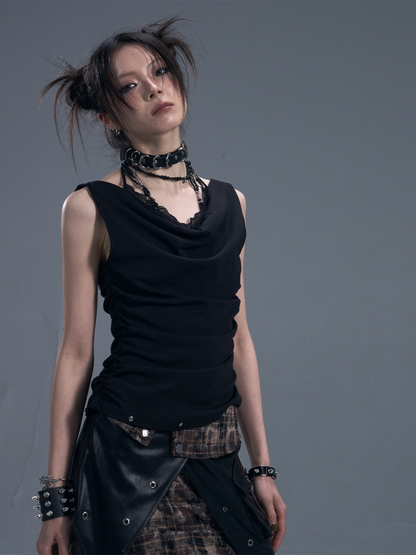 Punk Halter Neck Shirred Cinched Waist Fake Two Piece Knitted Tops【s0000011881】