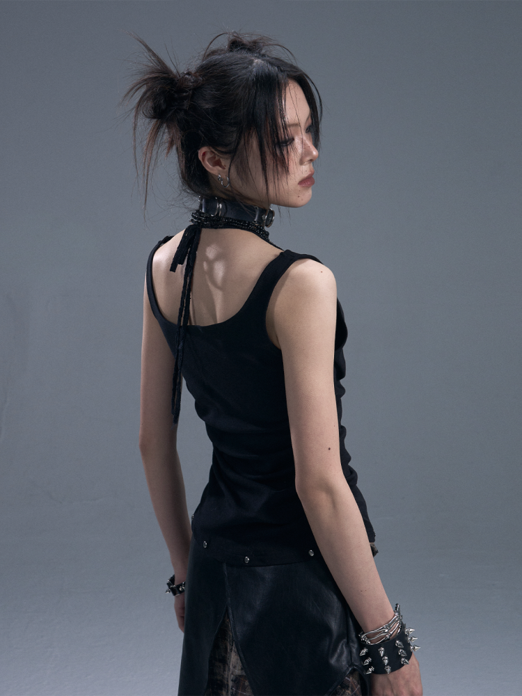 Punk Halter Neck Shirred Cinched Waist Fake Two Piece Knitted Tops【s0000011881】