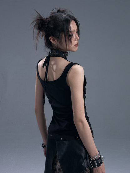 Punk Halter Neck Shirred Cinched Waist Fake Two Piece Knitted Tops【s0000011881】