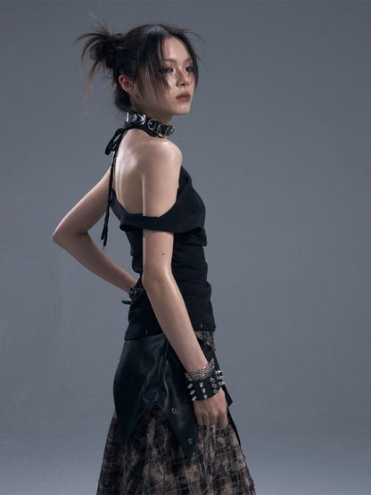 Punk Halter Neck Shirred Cinched Waist Fake Two Piece Knitted Tops【s0000011881】