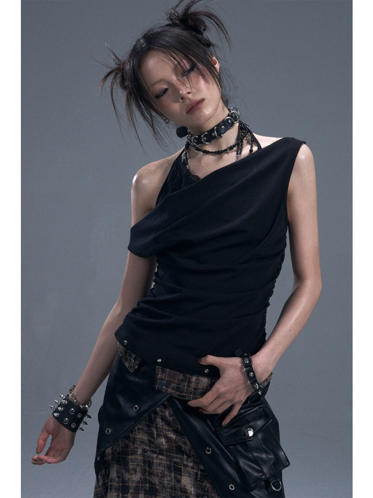 Punk Halter Neck Shirred Cinched Waist Fake Two Piece Knitted Tops【s0000011881】