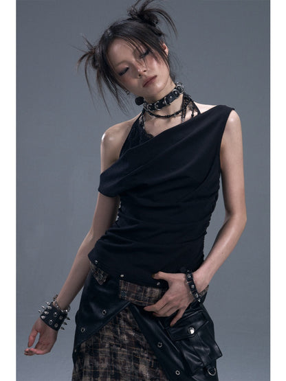 Punk Halter Neck Shirred Cinched Waist Fake Two Piece Knitted Tops【s0000011881】