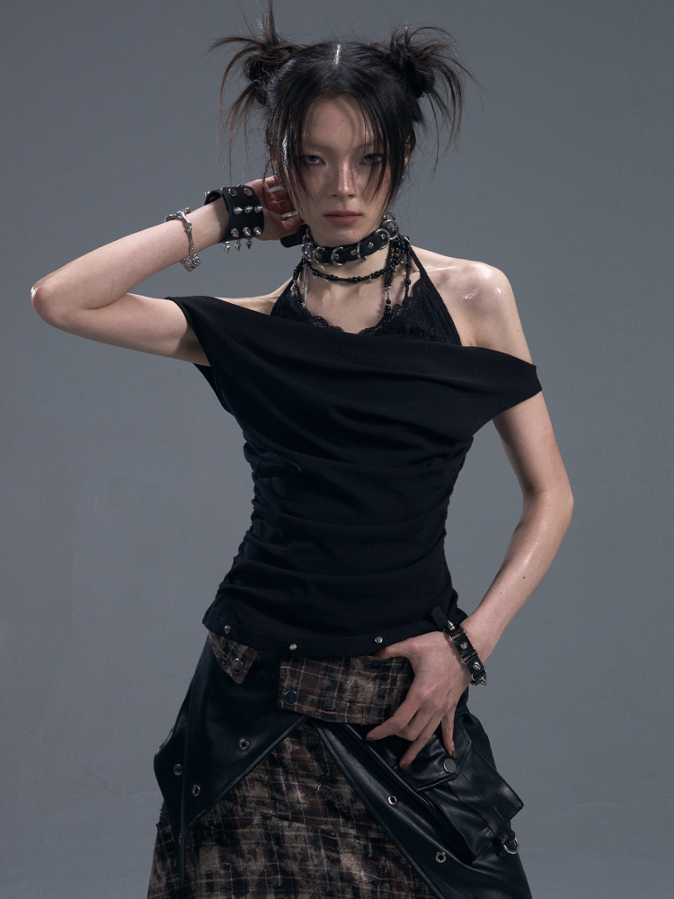 Punk Halter Neck Shirred Cinched Waist Fake Two Piece Knitted Tops【s0000011881】