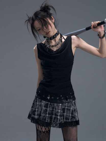 Punk Halter Neck Shirred Cinched Waist Fake Two Piece Knitted Tops【s0000011881】