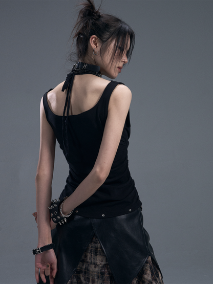 Punk Halter Neck Shirred Cinched Waist Fake Two Piece Knitted Tops【s0000011881】