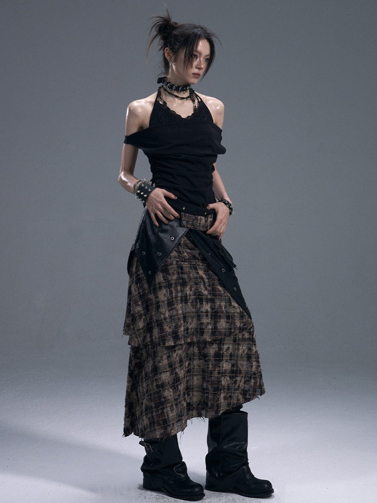 Punk Halter Neck Shirred Cinched Waist Fake Two Piece Knitted Tops【s0000011881】