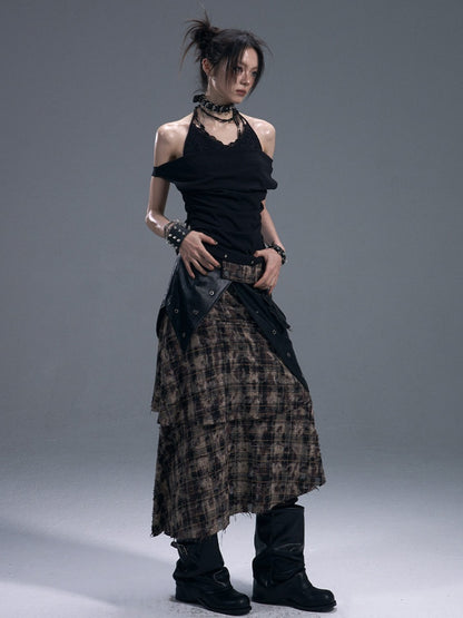 Punk Halter Neck Shirred Cinched Waist Fake Two Piece Knitted Tops【s0000011881】