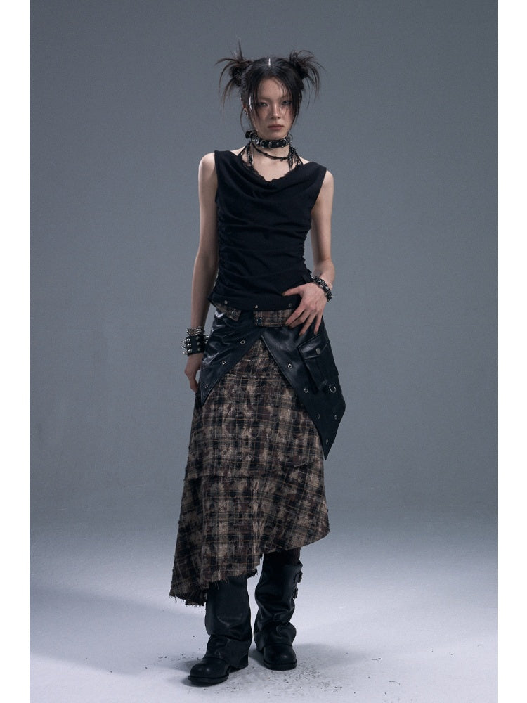 Punk Halter Neck Shirred Cinched Waist Fake Two Piece Knitted Tops【s0000011881】