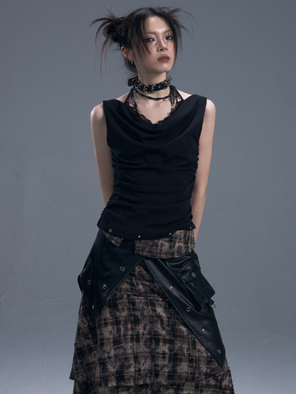 Punk Halter Neck Shirred Cinched Waist Fake Two Piece Knitted Tops【s0000011881】