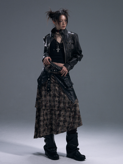 Punk Rock Check Panels Irregular Layered Hem Midi A-Line Skirt【s0000011883】