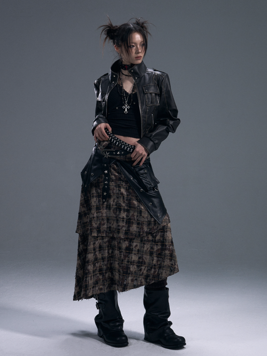 Punk Rock Check Panels Irregular Layered Hem Midi A-Line Skirt【s0000011883】