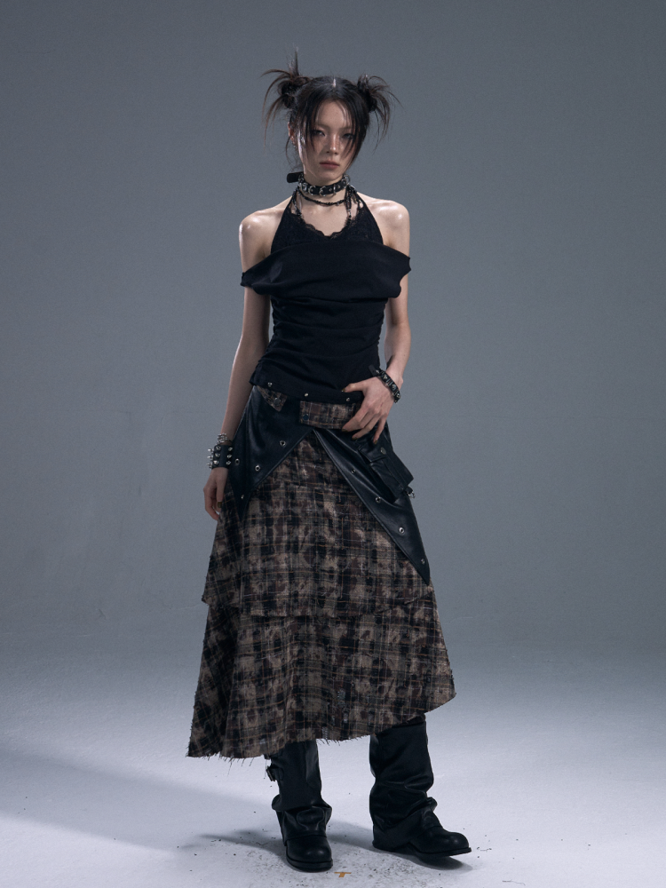 Punk Rock Check Panels Irregular Layered Hem Midi A-Line Skirt【s0000011883】