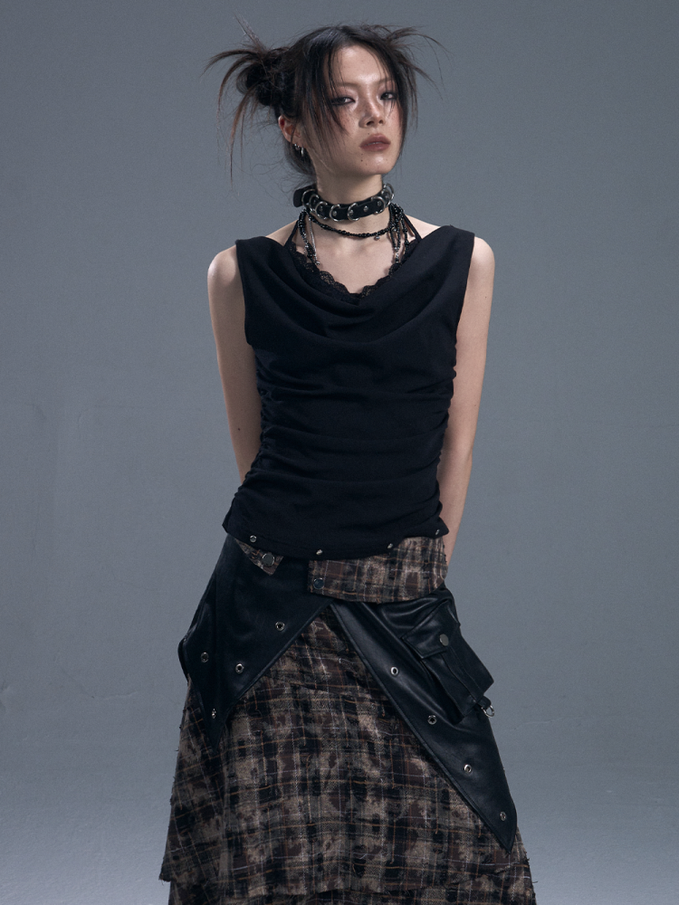 Punk Rock Check Panels Irregular Layered Hem Midi A-Line Skirt【s0000011883】