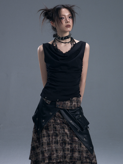 Punk Rock Check Panels Irregular Layered Hem Midi A-Line Skirt【s0000011883】