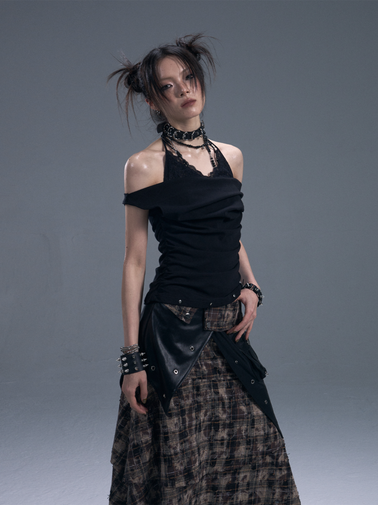 Punk Rock Check Panels Irregular Layered Hem Midi A-Line Skirt【s0000011883】