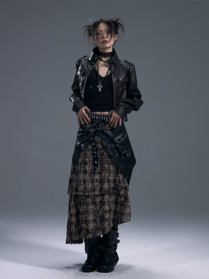 Punk Rock Check Panels Irregular Layered Hem Midi A-Line Skirt【s0000011883】