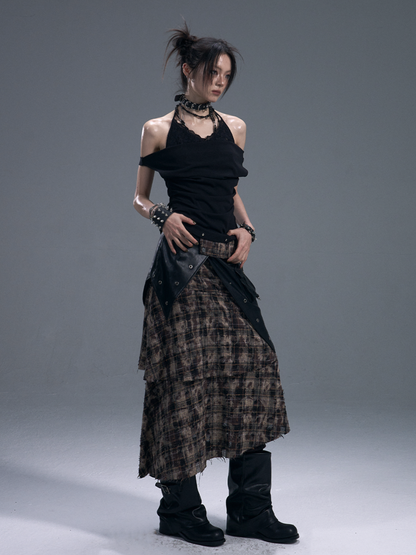 Punk Rock Check Panels Irregular Layered Hem Midi A-Line Skirt【s0000011883】