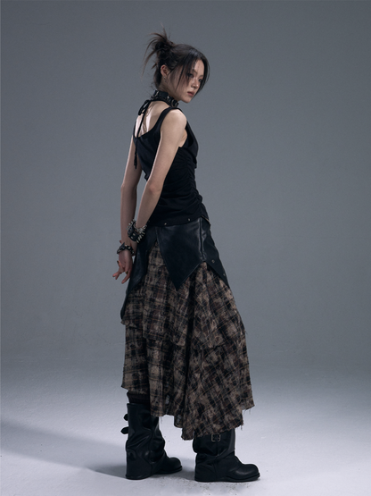 Punk Rock Check Panels Irregular Layered Hem Midi A-Line Skirt【s0000011883】