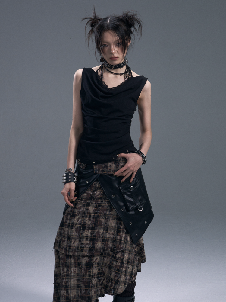 Punk Rock Check Panels Irregular Layered Hem Midi A-Line Skirt【s0000011883】