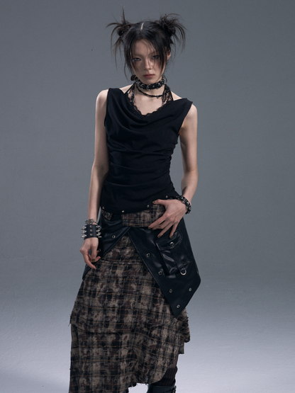 Punk Rock Check Panels Irregular Layered Hem Midi A-Line Skirt【s0000011883】