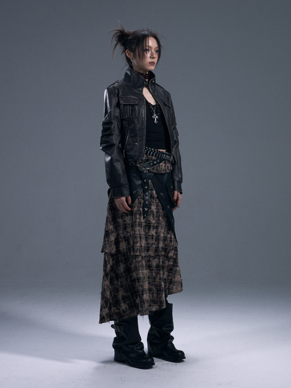 Punk Rock Check Panels Irregular Layered Hem Midi A-Line Skirt【s0000011883】
