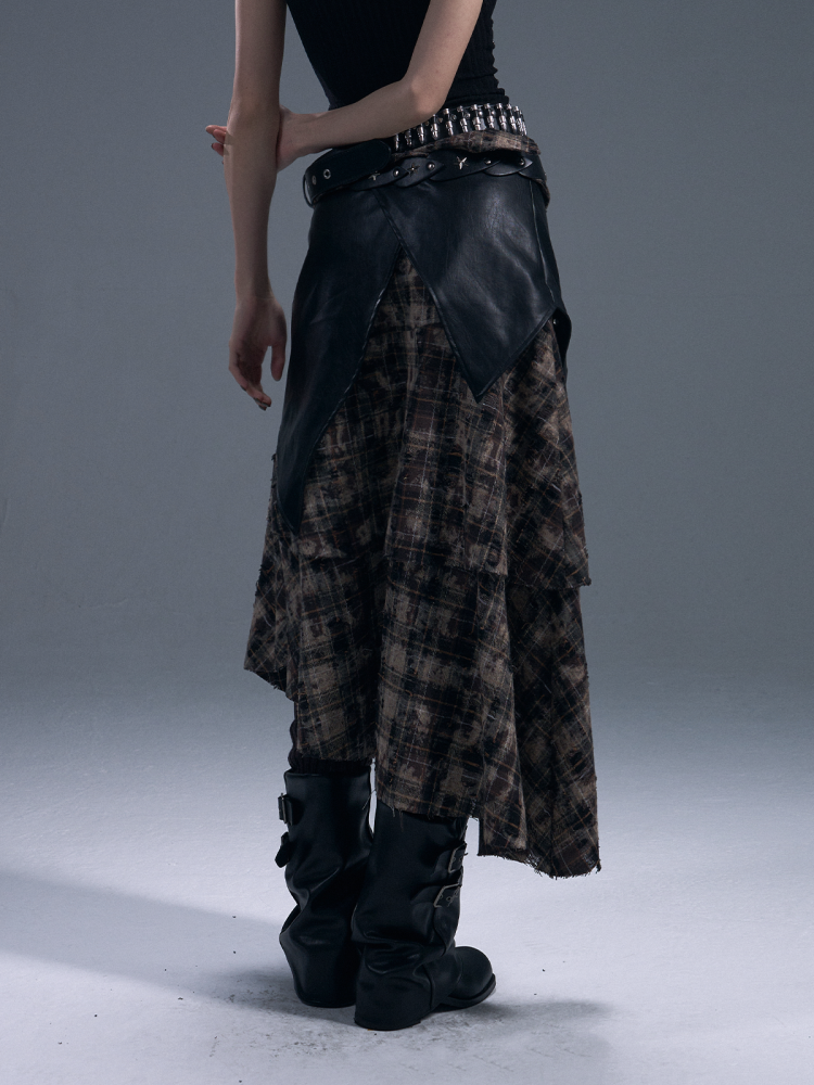 Punk Rock Check Panels Irregular Layered Hem Midi A-Line Skirt【s0000011883】