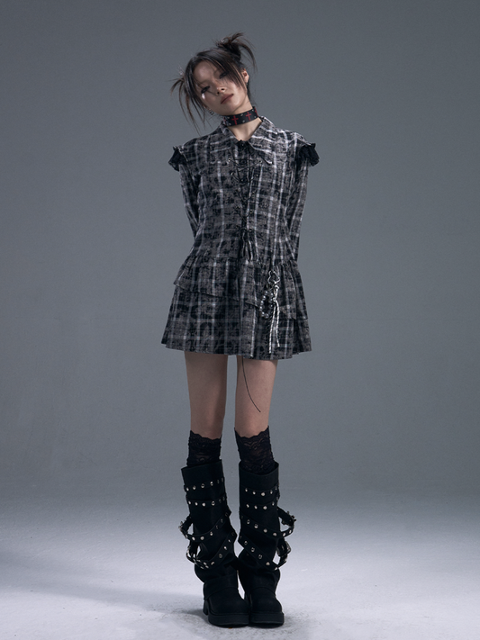 Black & white Checked Lace-Up Irregular Mini Shirt Dress【s0000011886】