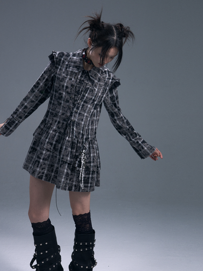 Black & white Checked Lace-Up Irregular Mini Shirt Dress【s0000011886】
