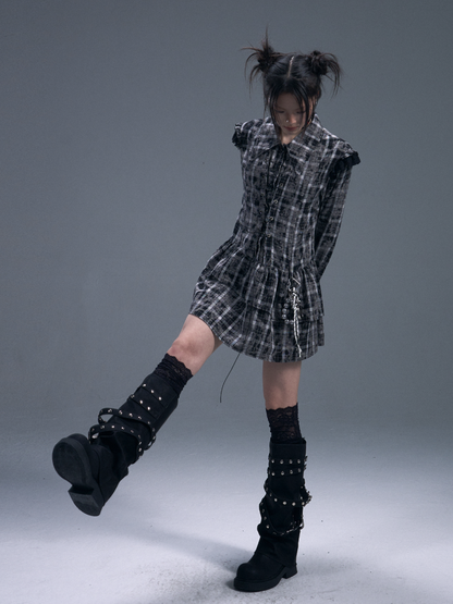 Black & white Checked Lace-Up Irregular Mini Shirt Dress【s0000011886】