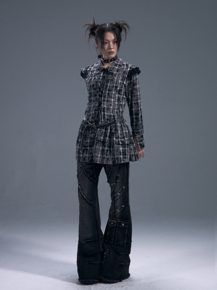 Black & white Checked Lace-Up Irregular Mini Shirt Dress【s0000011886】
