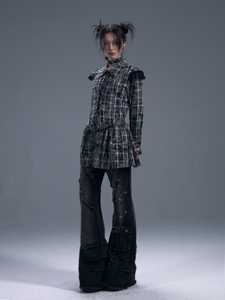Black & white Checked Lace-Up Irregular Mini Shirt Dress【s0000011886】