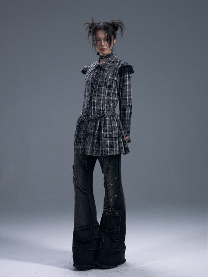 Black & white Checked Lace-Up Irregular Mini Shirt Dress【s0000011886】