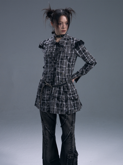 Black & white Checked Lace-Up Irregular Mini Shirt Dress【s0000011886】