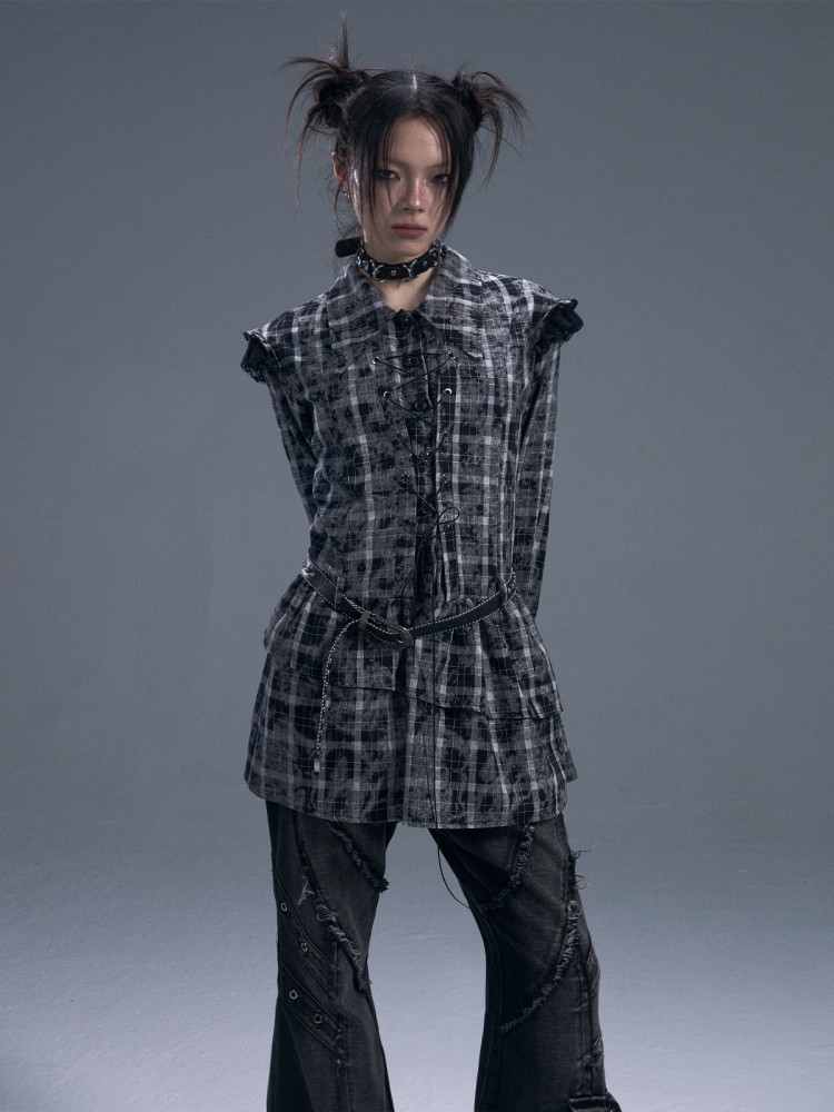 Black & white Checked Lace-Up Irregular Mini Shirt Dress【s0000011886】
