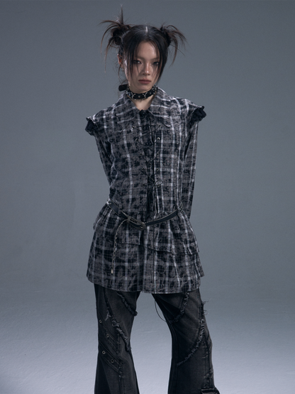 Black & white Checked Lace-Up Irregular Mini Shirt Dress【s0000011886】