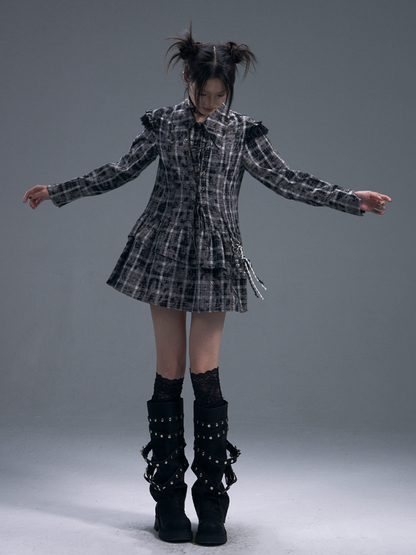Black & white Checked Lace-Up Irregular Mini Shirt Dress【s0000011886】
