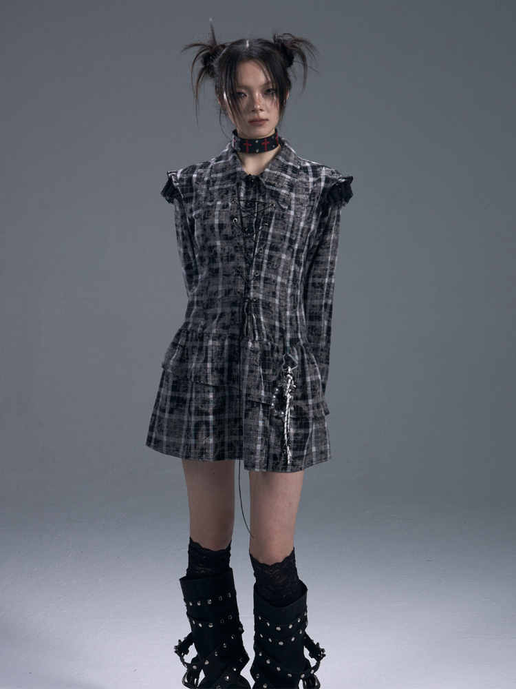 Black & white Checked Lace-Up Irregular Mini Shirt Dress【s0000011886】